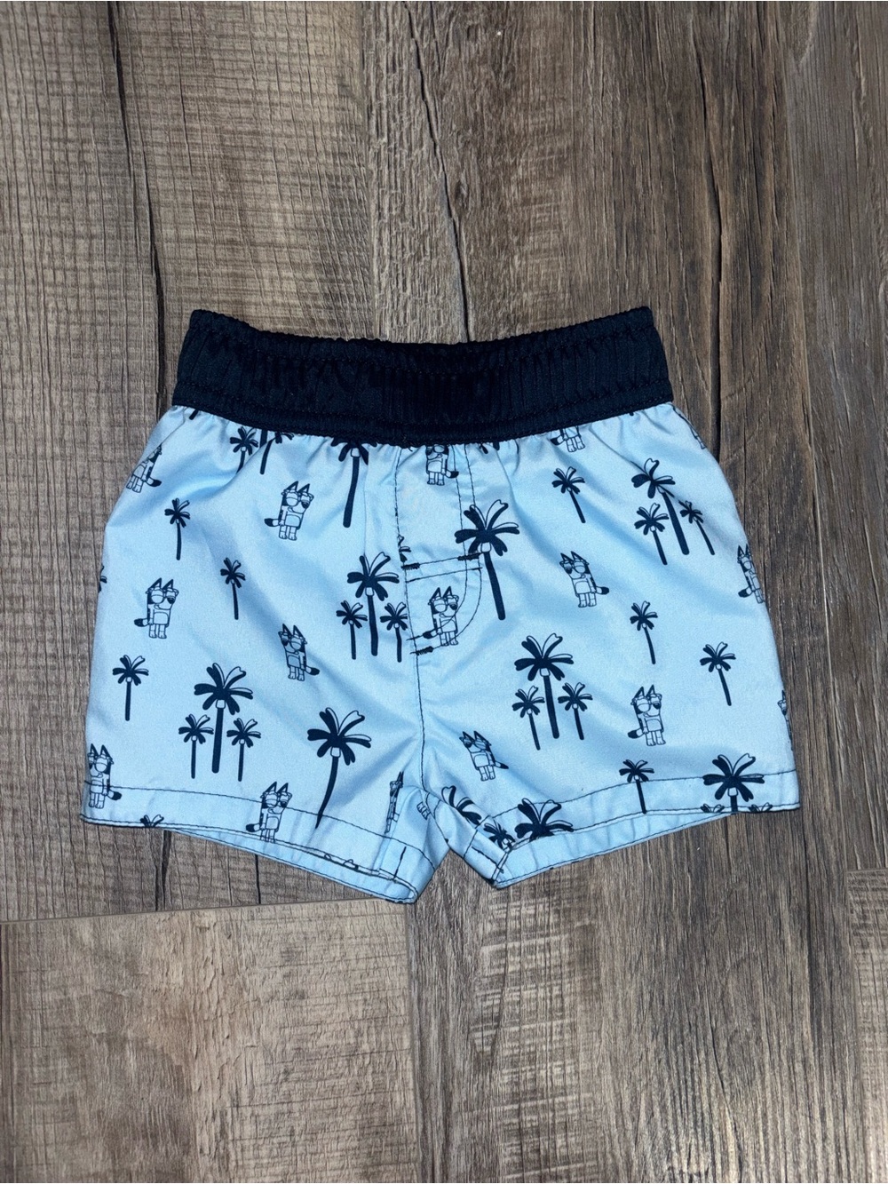 BLUEY Light Blue Palm-Print Kids Swim Trunks with Black Waistband